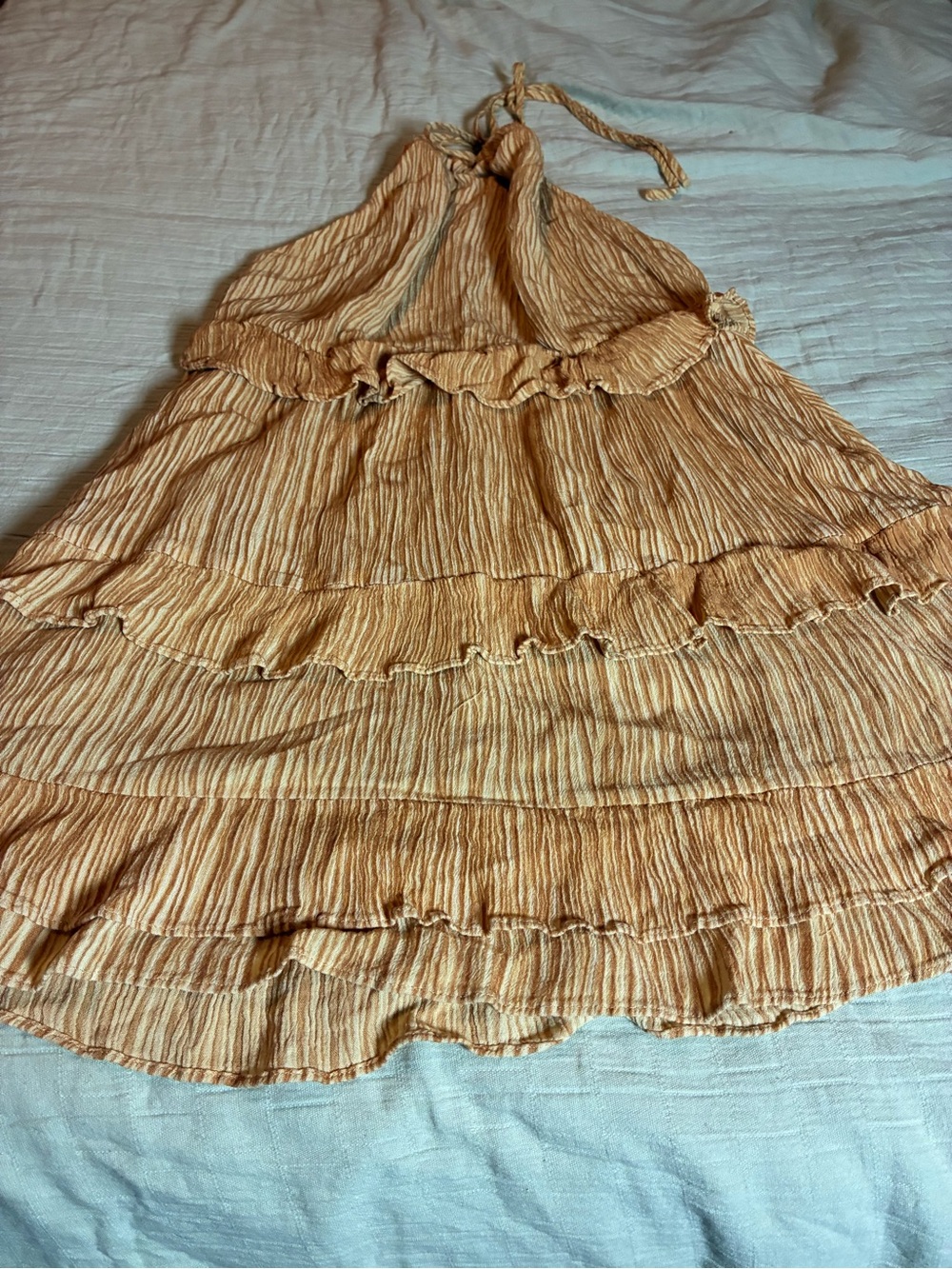 Lulu's Beige-Tan Crinkled Tiered Halter Mini Dress